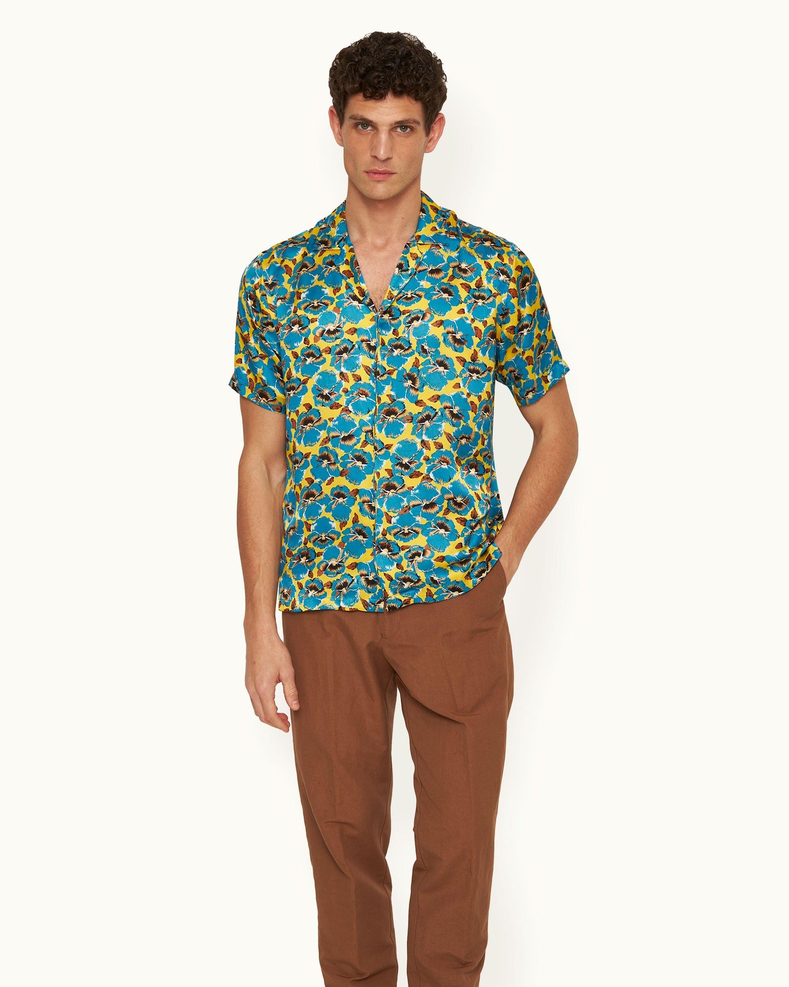 Petal Print Relaxed Fit Capri Collar Silk Shirt Woven In Italy in Lemon Meringue colour | Lemon Meringue