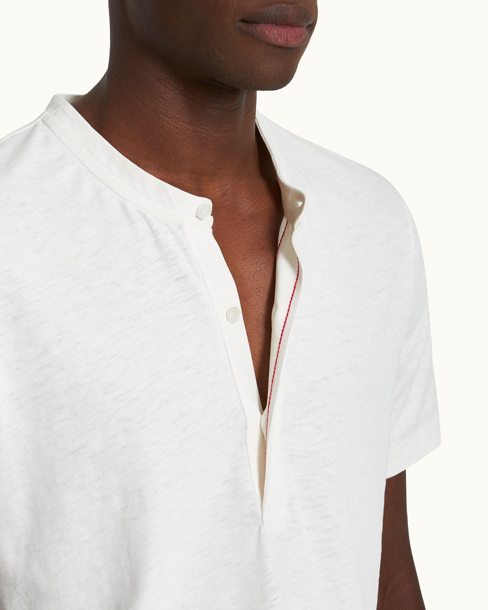 Montrose Classic Fit 3-Button Placket Cotton-Linen T-Shirt in Thasos Beach colour | Thasos Beach