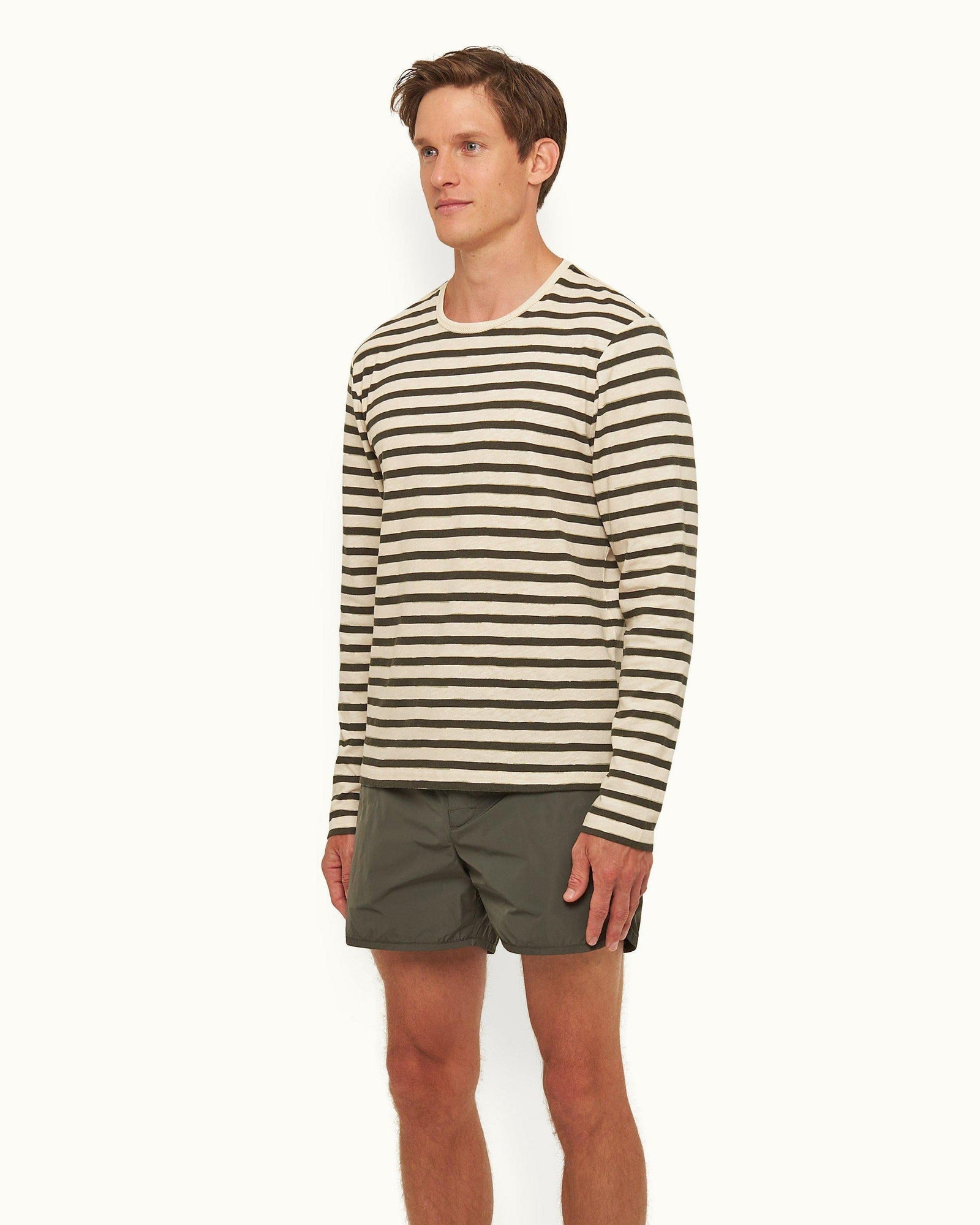 Cloud/Forest Night Stripe Tailored Fit Long-Sleeve Crew Neck T-shirt | Cloud/Forest Night