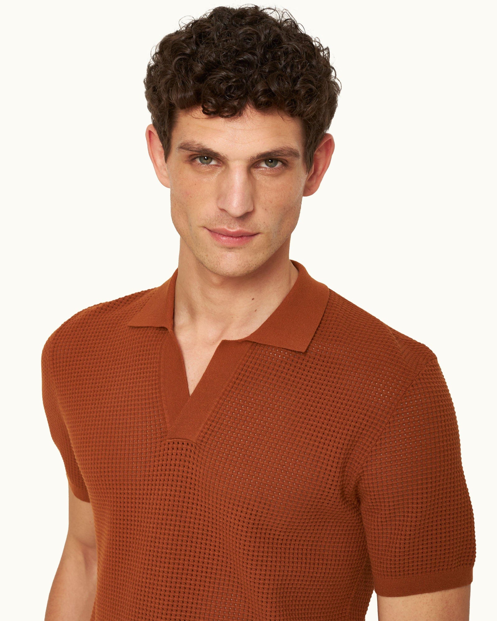 Roddy Tailored Fit Waffle Mesh Stitch Polo Shirt Knitted In Italy in Cinnamon Coffee colour | Cinnamon Coffee