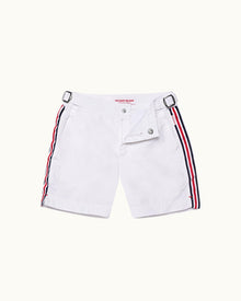 Kids | White Tape Stripe Classic Swim Shorts | White