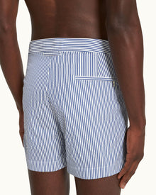 Setter Seersucker Shorter-Length Swim Shorts Woven In Italy in Blueberry/White Stripe | Blueberry/White Stripe