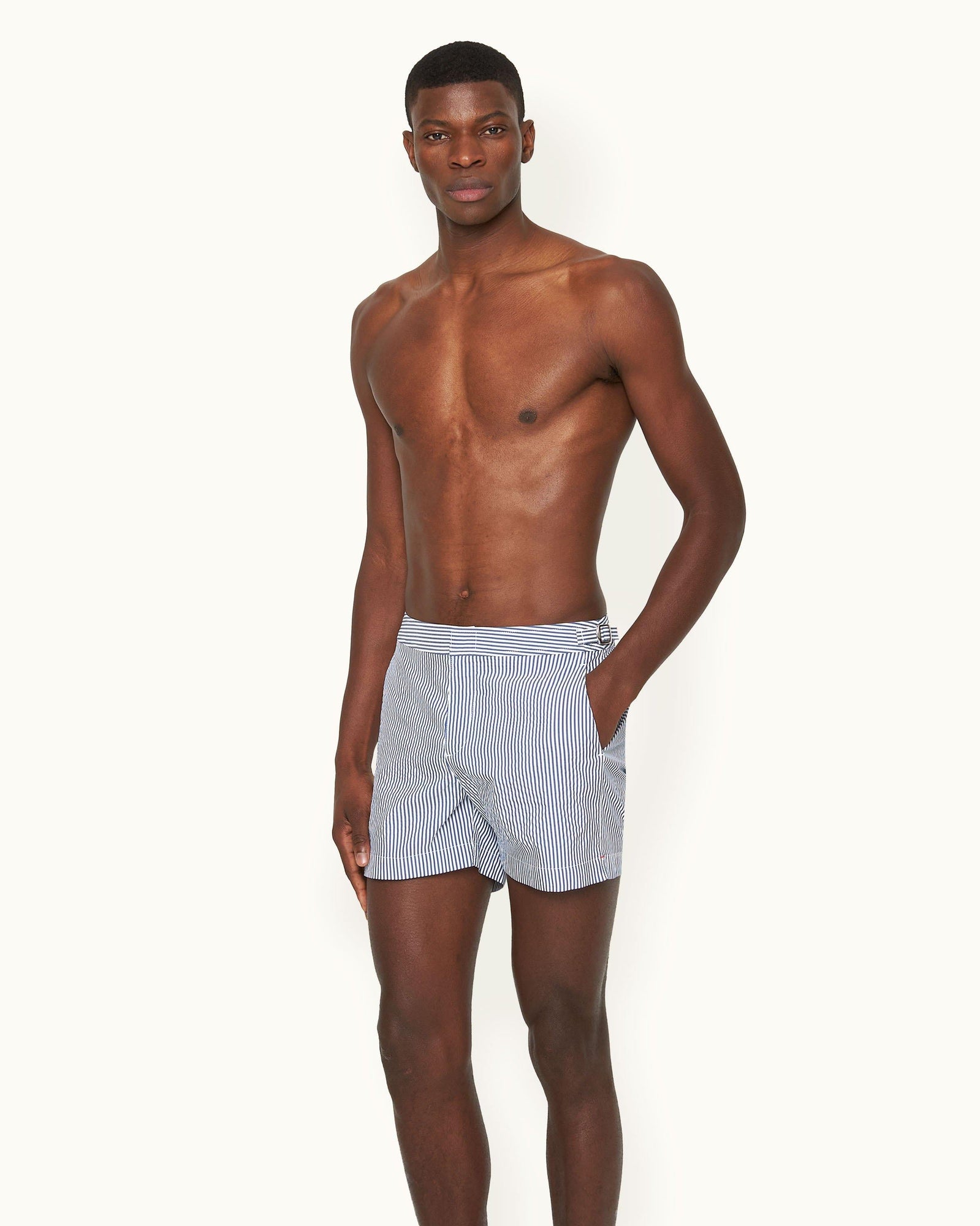 Setter Seersucker Shorter-Length Swim Shorts Woven In Italy in Blueberry/White Stripe | Blueberry/White Stripe