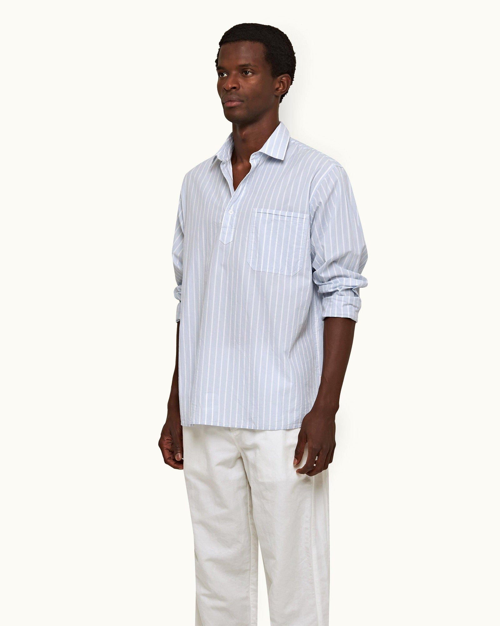 Serenity Blue/White Stripe Relaxed Fit Overhead Cotton Shirt | Serenity Blue/White