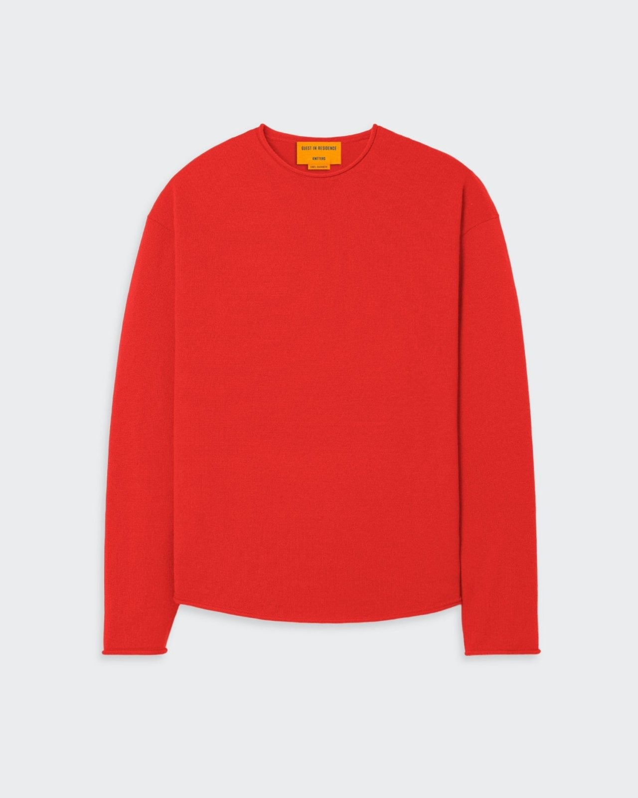 Oversized Crew - Cherry lightweight cashmere crew neck sweater with dropped shoulder and curved shirttail hem.