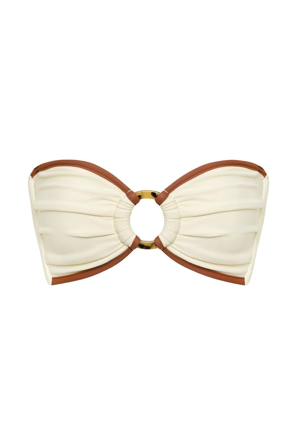 Oat and terracotta bandeau bikini top with ruched cups, center cutout, and tortoiseshell ring detail.
