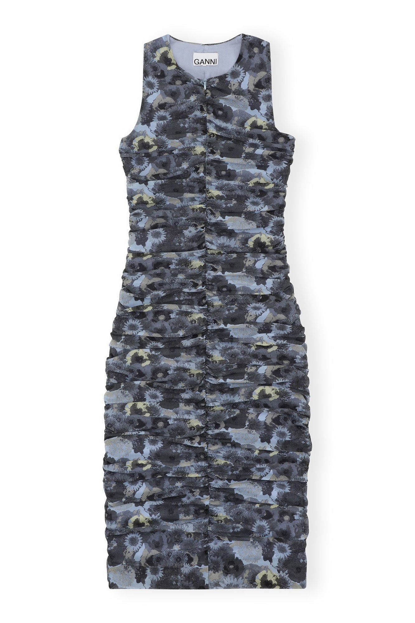 Orange Printed Ruched Mesh Midi Dress | Brunnera Blue