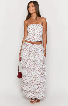 Paisley Floral Ruffle Maxi Skirt | White