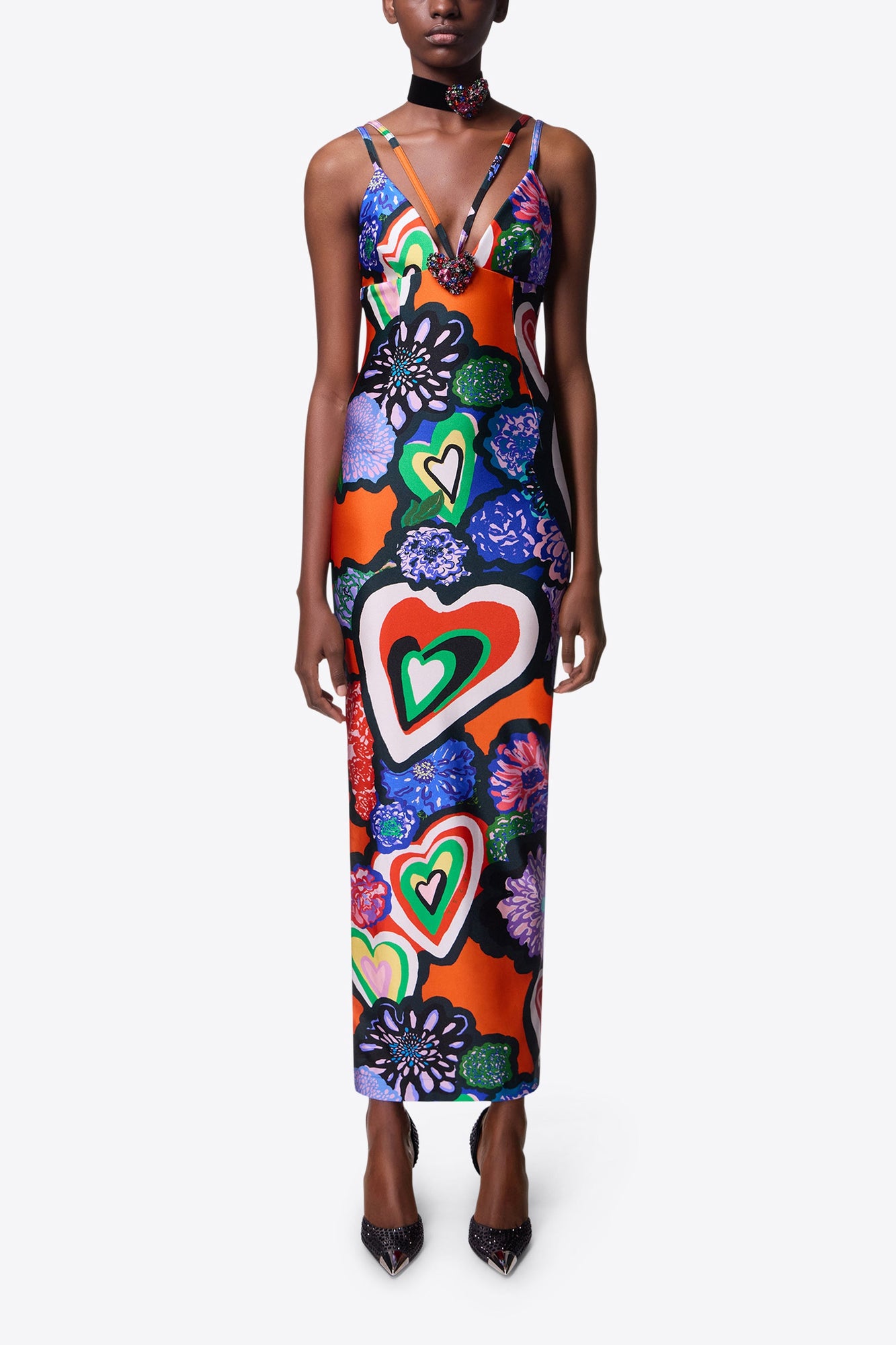 Heart Printed Maxi Dress | Orange Multi