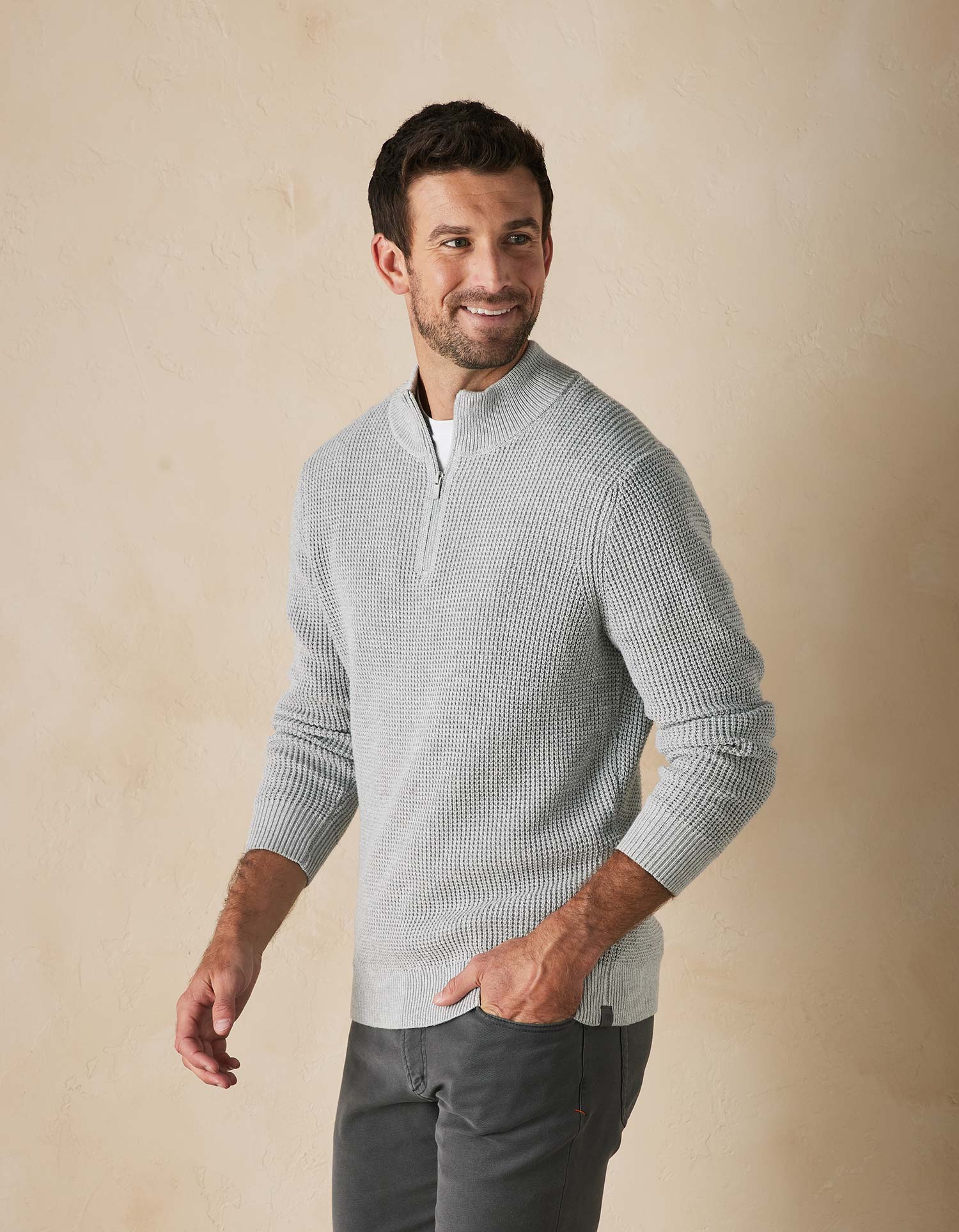 Men | Waffle Knit Quarter Zip Pullover | Grey