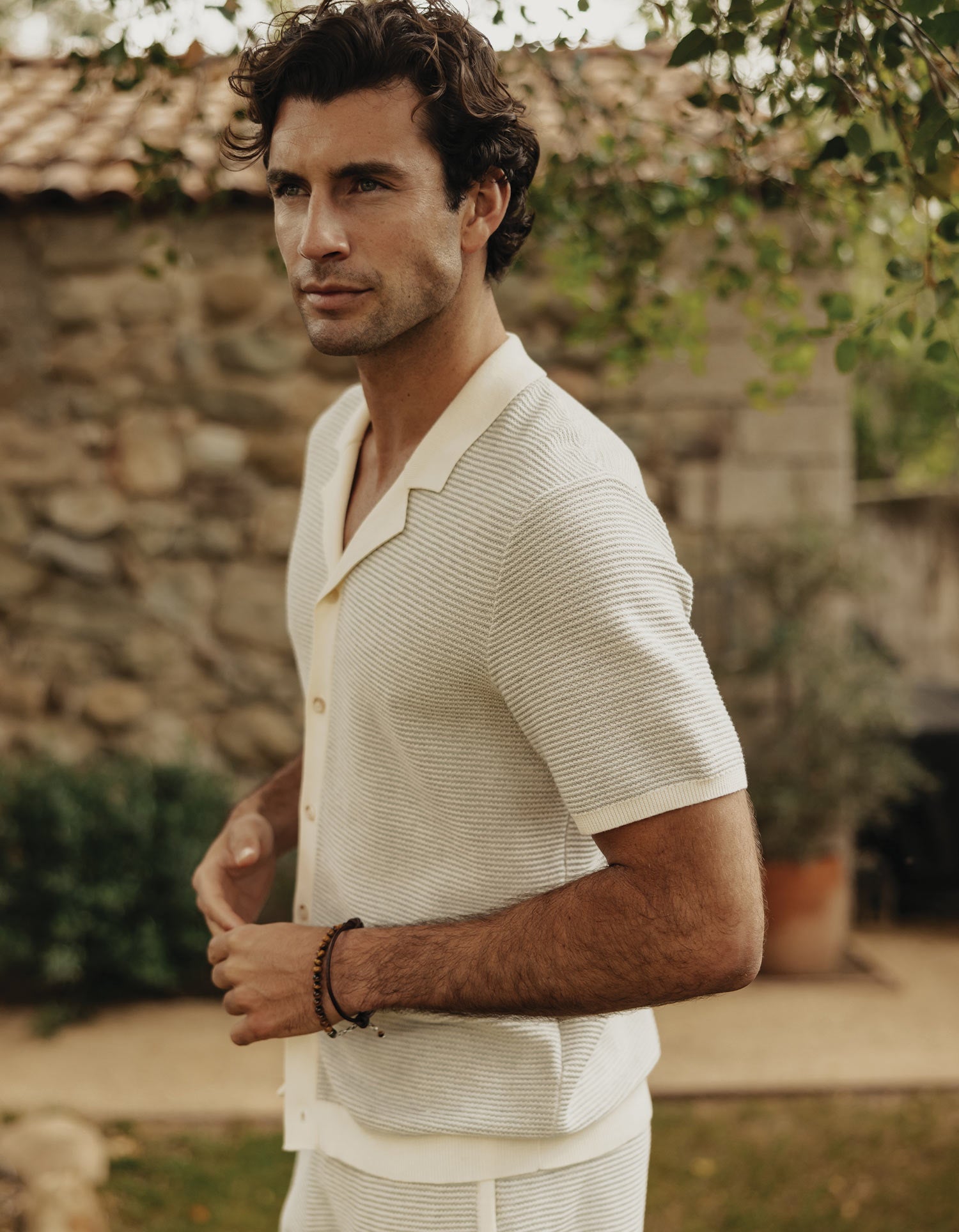Men | Robles Birdseye Knit Camp Button Up | Cream/Grey