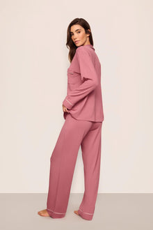 Model is wearing Gisele TENCEL Modal Long PJ Set  in  Berry Blush/Ivory