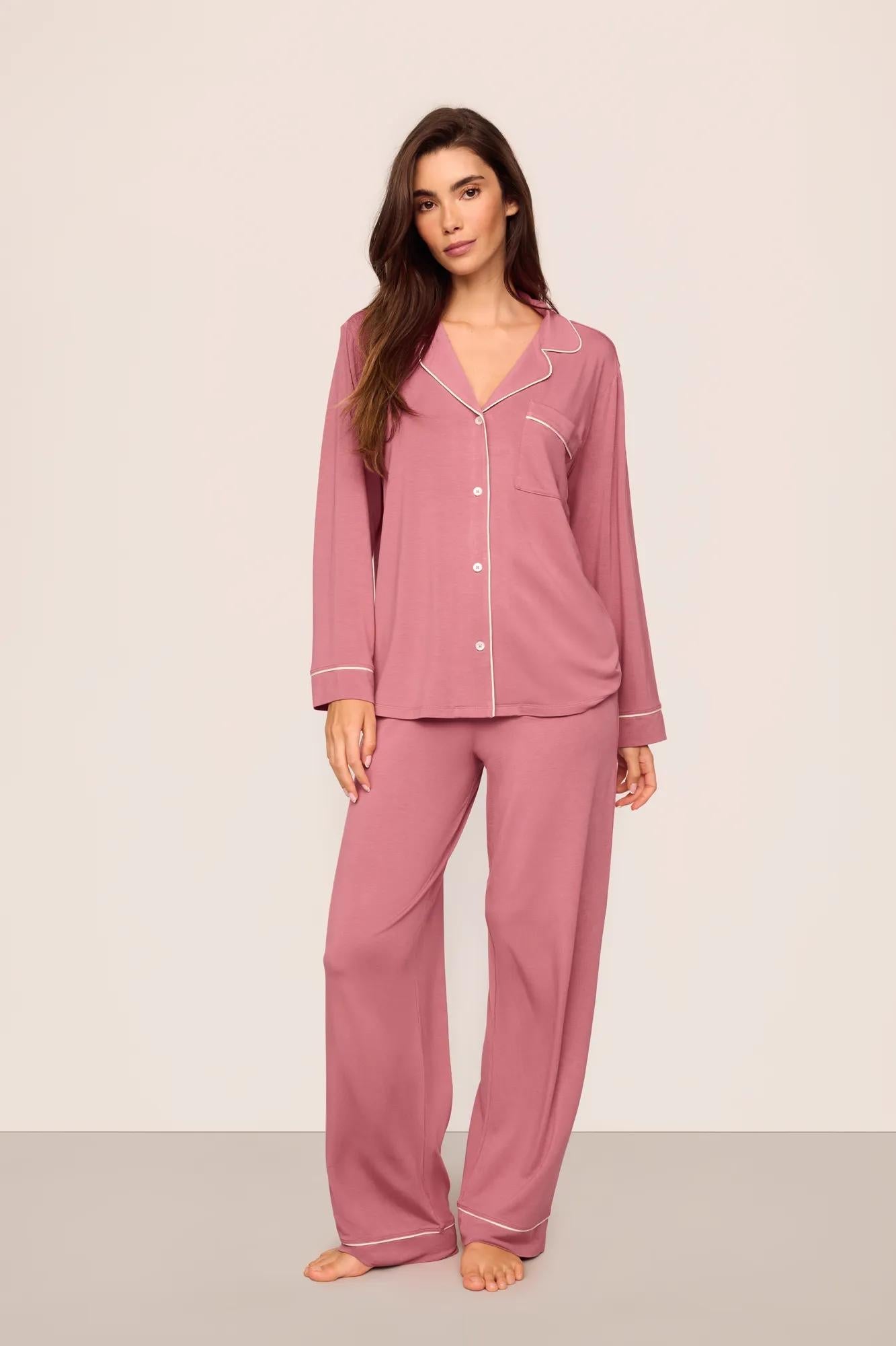Model is wearing Gisele TENCEL Modal Long PJ Set  in  Berry Blush/Ivory