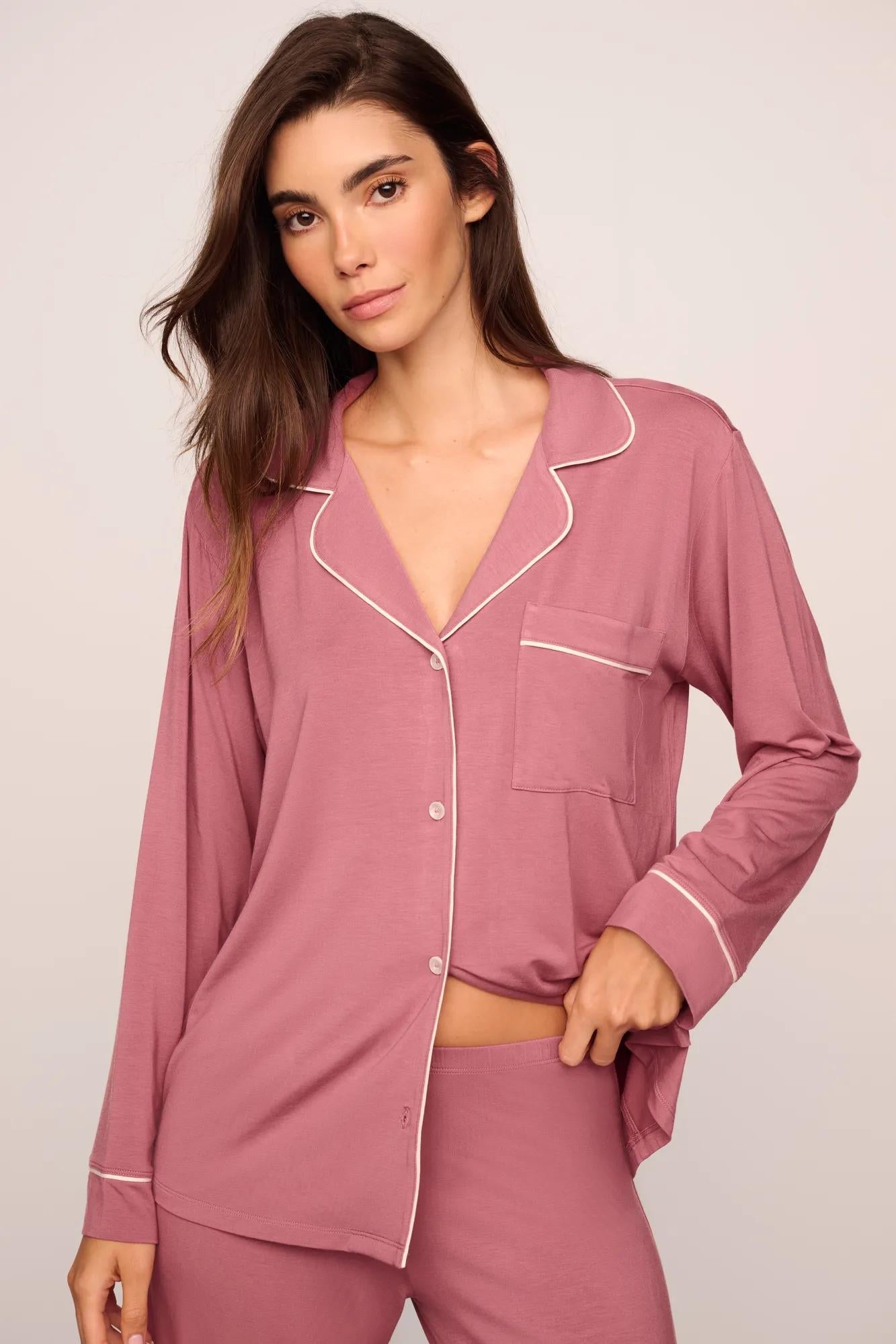 Model is wearing Gisele TENCEL Modal Long PJ Set  in  Berry Blush/Ivory