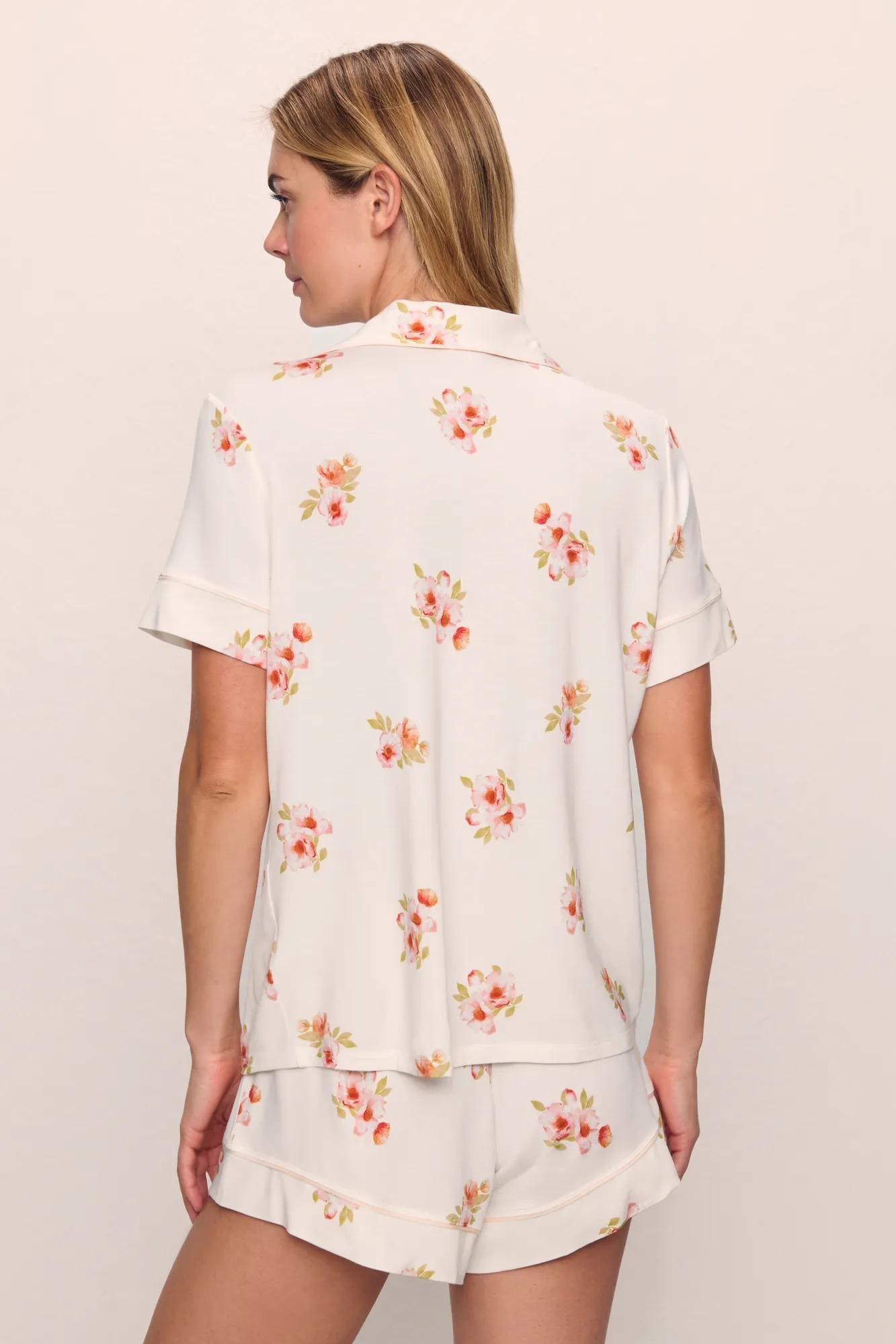 Model is wearing Gisele Printed TENCEL Modal Relaxed Short PJ Set in  Floral Bloom Ivy/Vanilla Cream