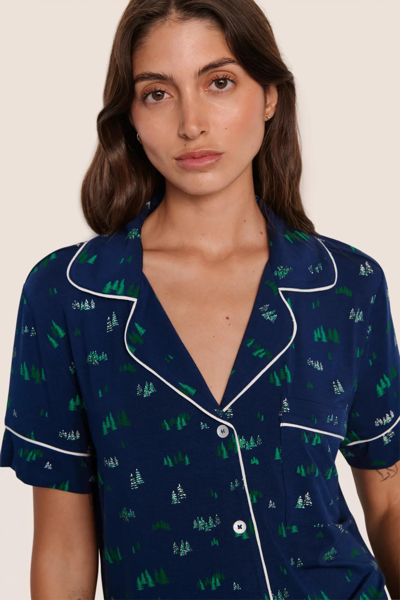 Model is wearing Gisele Printed TENCEL Modal Relaxed Short PJ Set  in Forest Pine Navy/Ivory