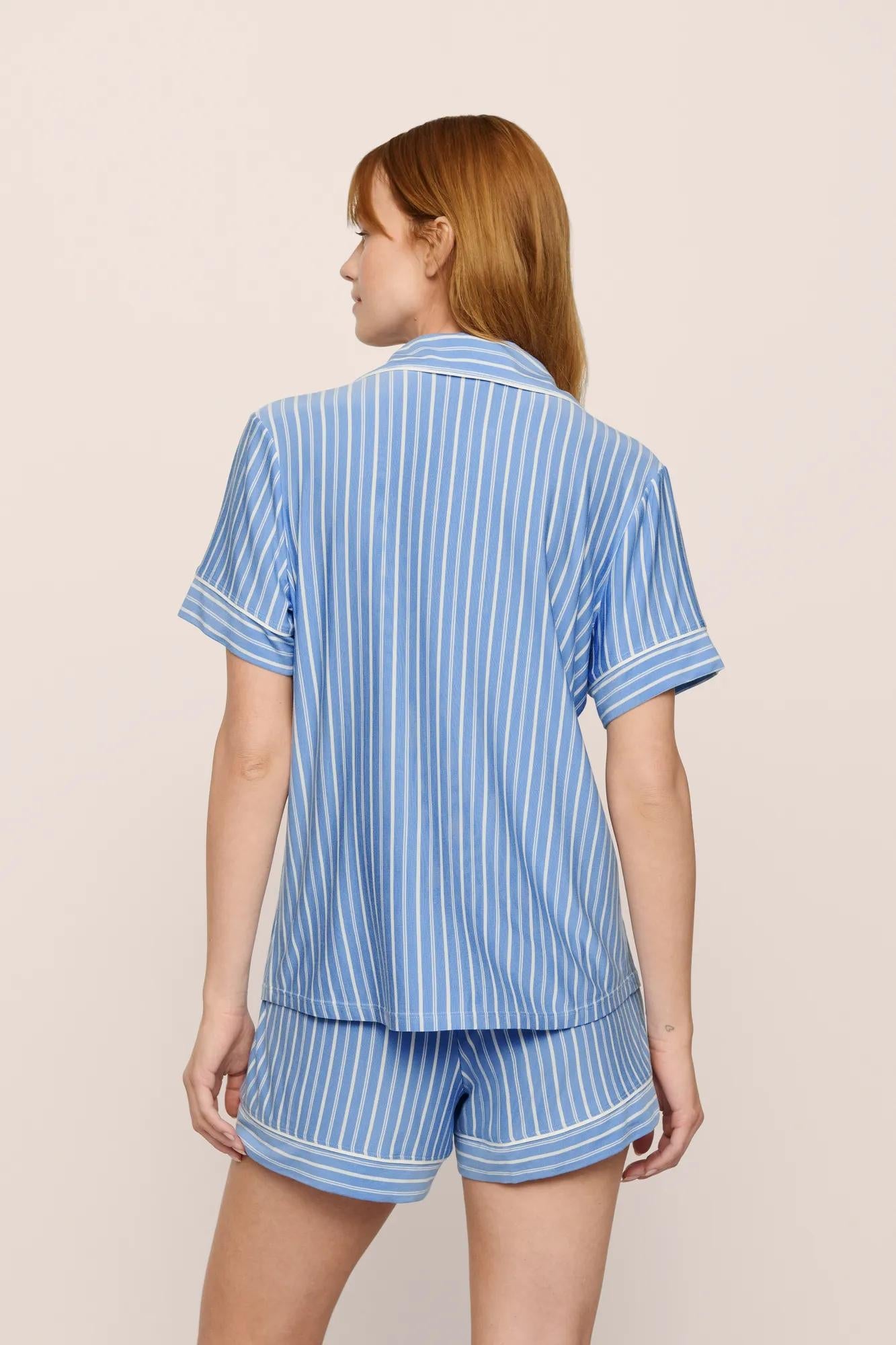Model is wearing Gisele Printed TENCEL Modal Relaxed Short PJ Set in  Nordic Stripes Vista Blue/Iv