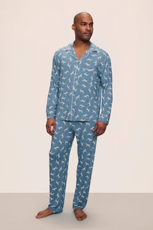 Model is wearing William Printed TENCEL Modal Long PJ Set in  Dalmatian Faded Denim/Ivory
