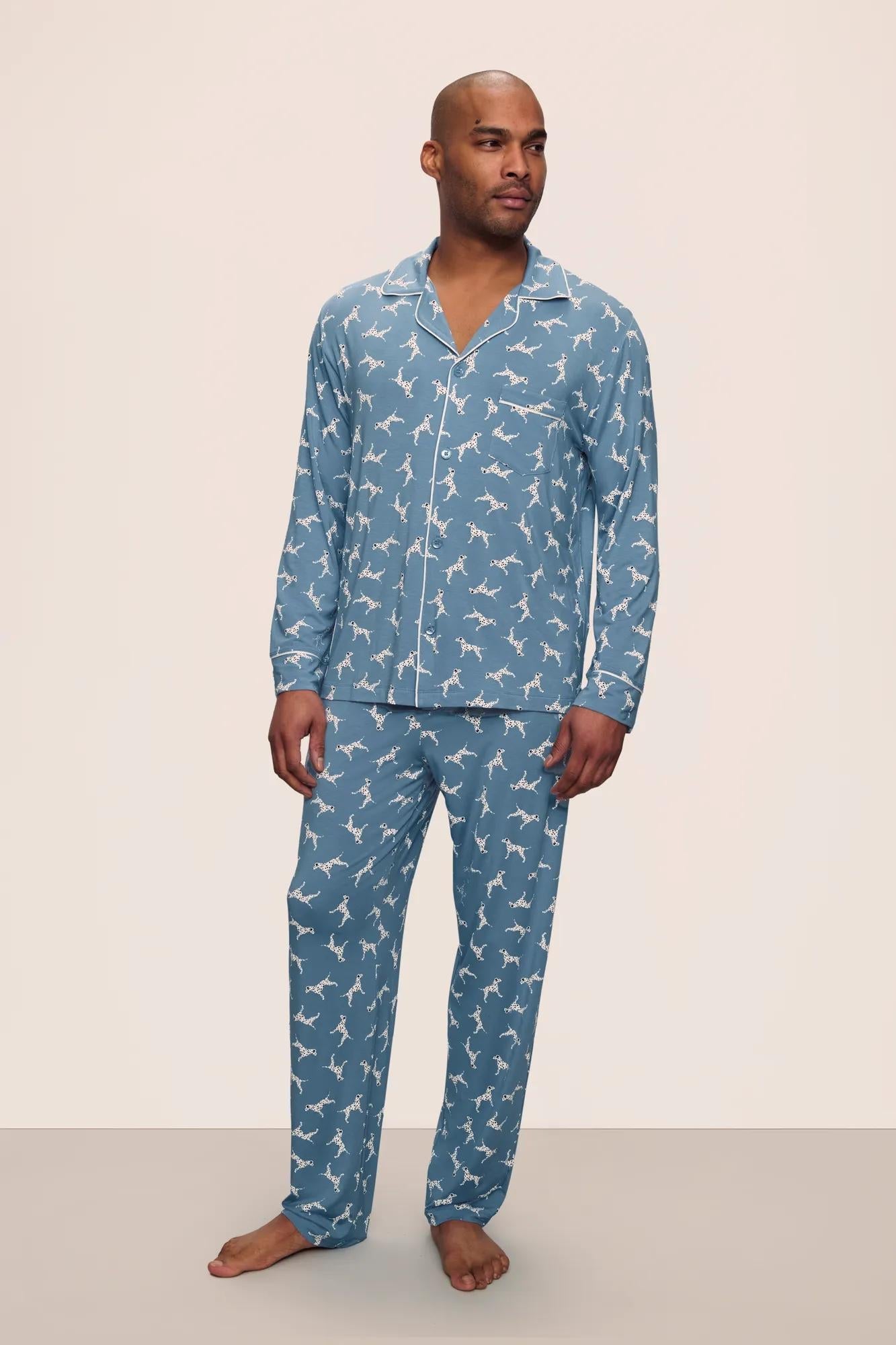 Model is wearing William Printed TENCEL Modal Long PJ Set in  Dalmatian Faded Denim/Ivory