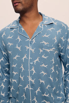 Model is wearing William Printed TENCEL Modal Long PJ Set in  Dalmatian Faded Denim/Ivory