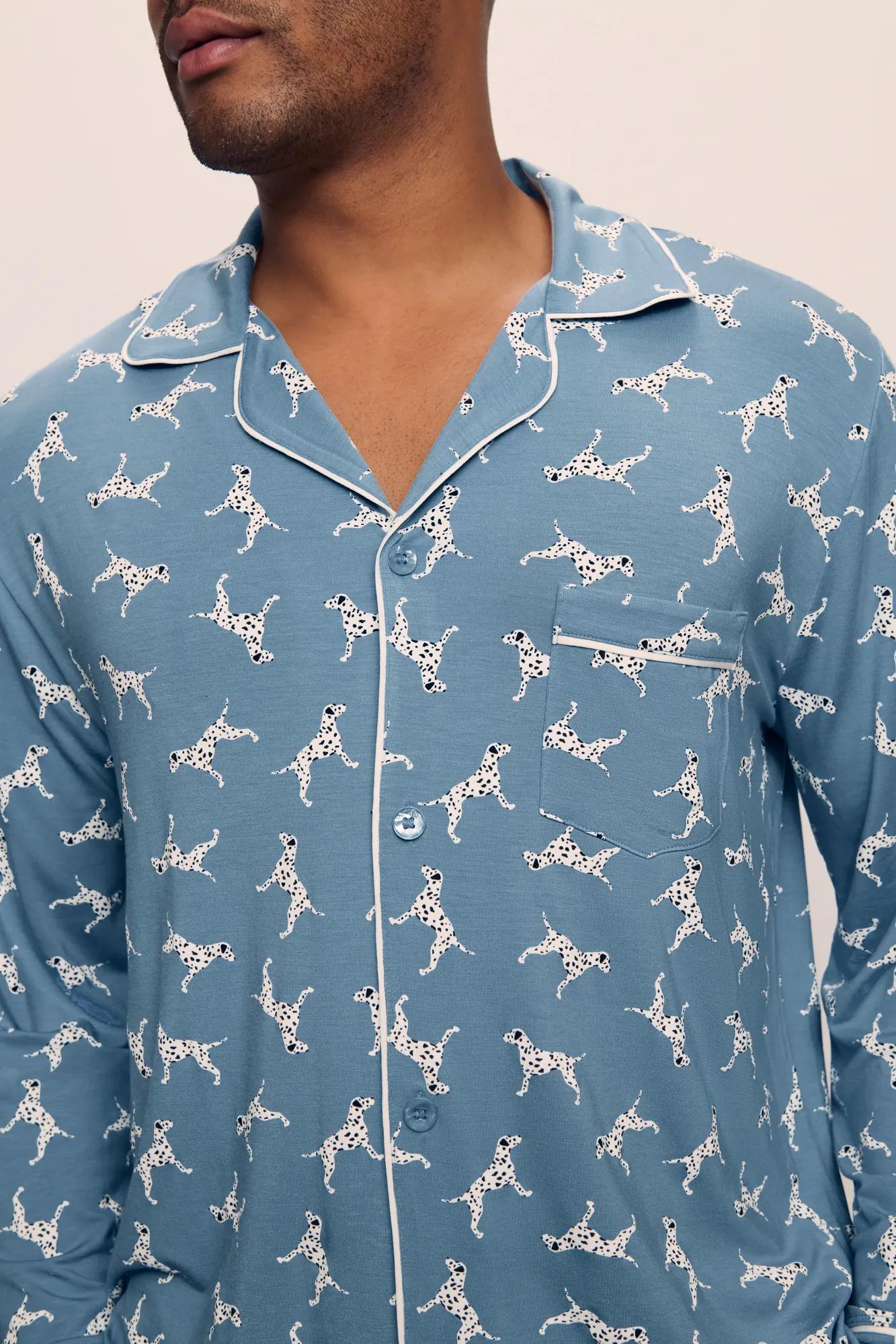 Model is wearing William Printed TENCEL Modal Long PJ Set in  Dalmatian Faded Denim/Ivory