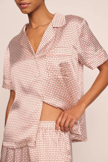Model is wearing Inez Washable Silk Printed Short PJ Set  in Geo Sphere Silver Pink/Silver Pink