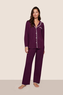 Model is wearing Frida TENCEL Modal Long PJ Set  in Plum/Ivory