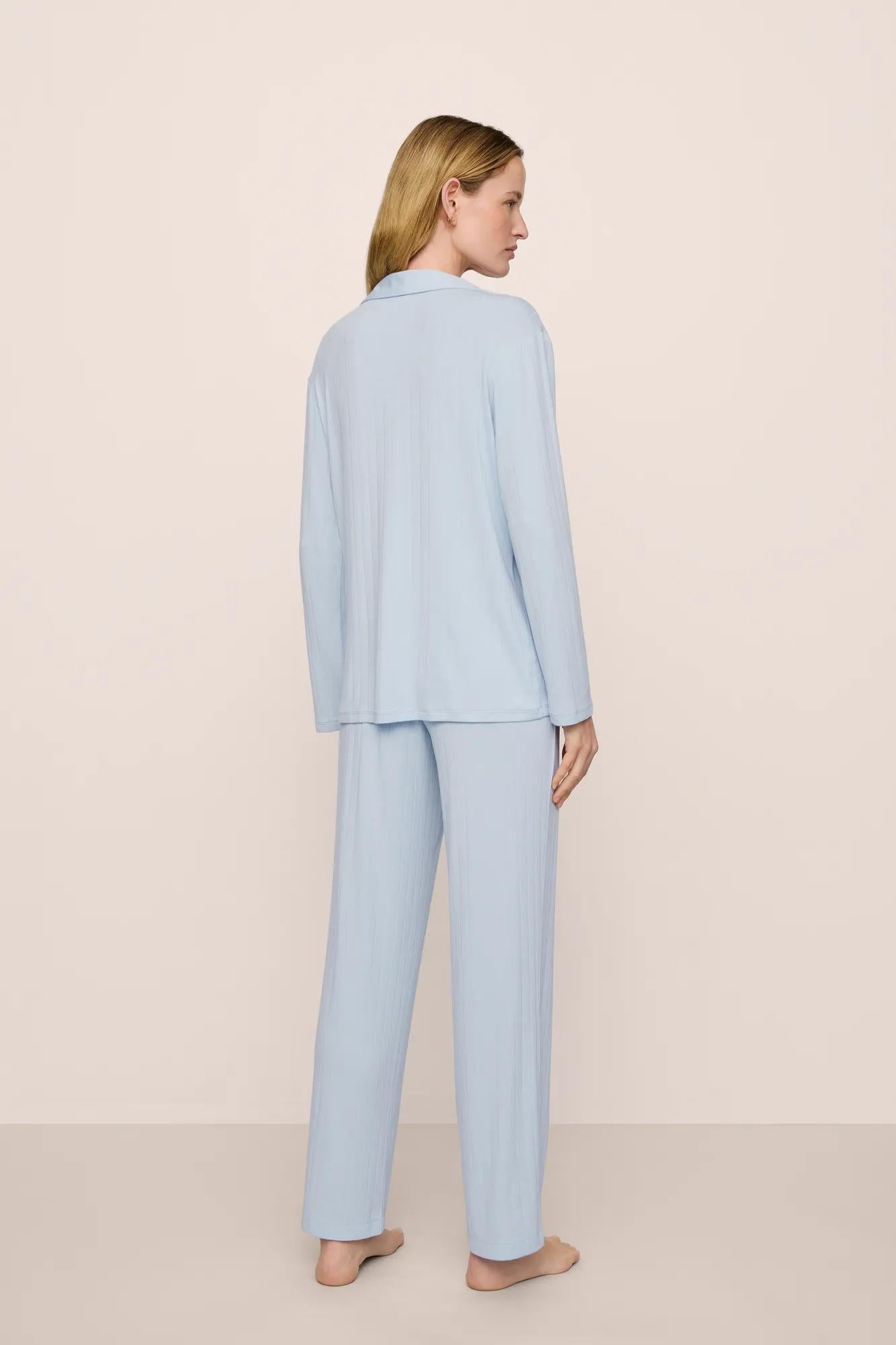 Model is wearing Gisele TENCEL Modal Rib Long PJ Set in NantucketBreeze