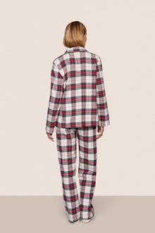 Model is wearing Flannel Long PJ Set  in Tartan Plaid Ivory/Holly Red