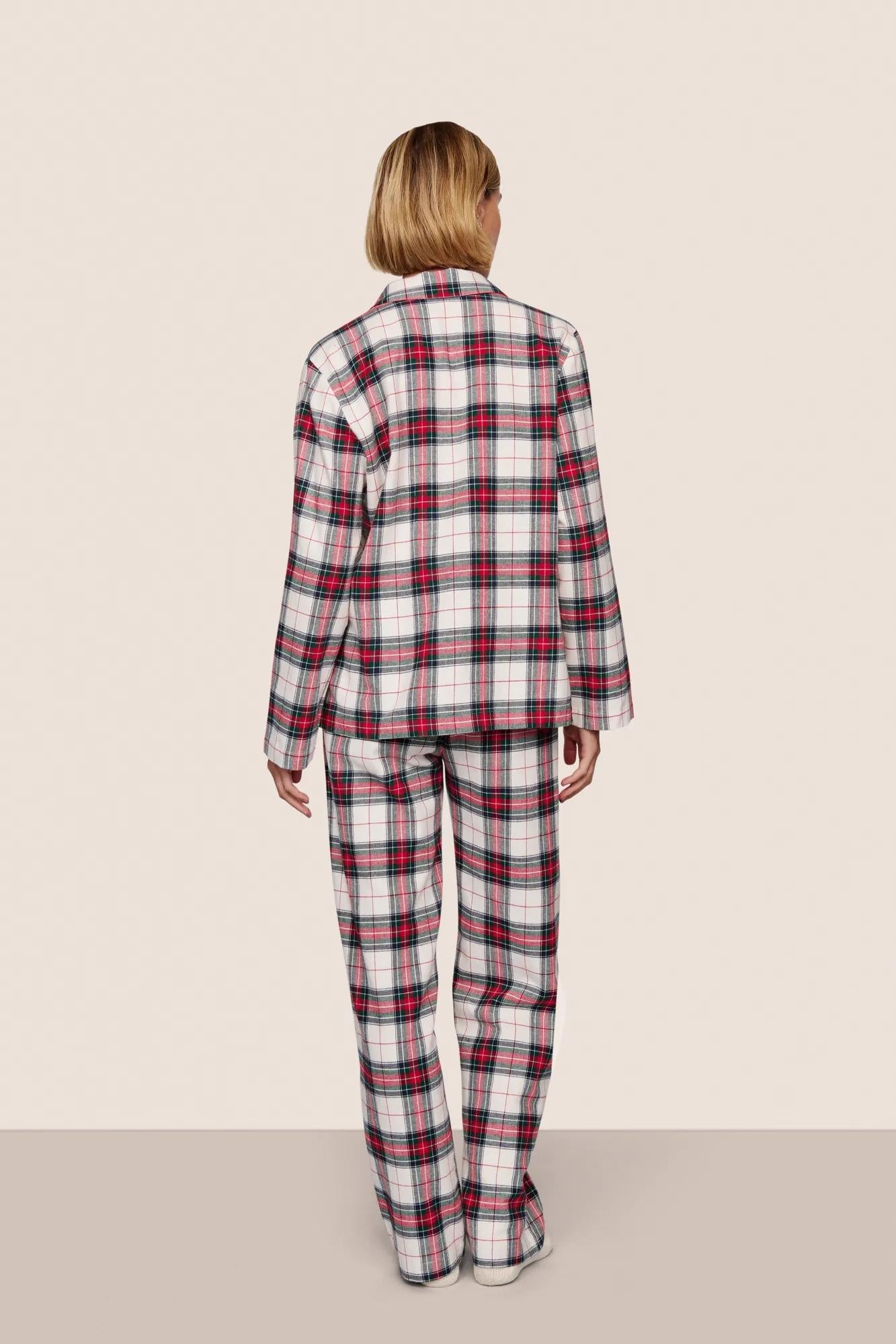 Model is wearing Flannel Long PJ Set  in Tartan Plaid Ivory/Holly Red