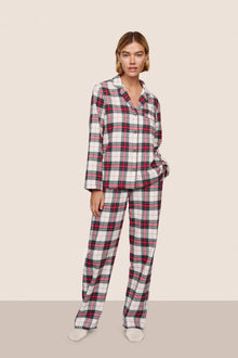 Model is wearing Flannel Long PJ Set  in Tartan Plaid Ivory/Holly Red