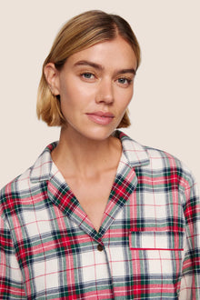 Model is wearing Flannel Long PJ Set  in Tartan Plaid Ivory/Holly Red