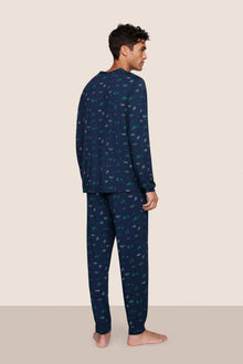 Model is wearing Henry Printed TENCEL Modal Long PJ Set  in Forest Pine Navy