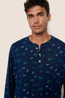 Model is wearing Henry Printed TENCEL Modal Long PJ Set  in Forest Pine Navy