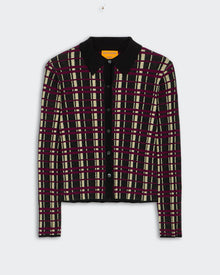 Plaid Elle Shirt - Black Combo with lightweight ribbed fabric, shirt collar, and front button-up closure in silk linen blend.