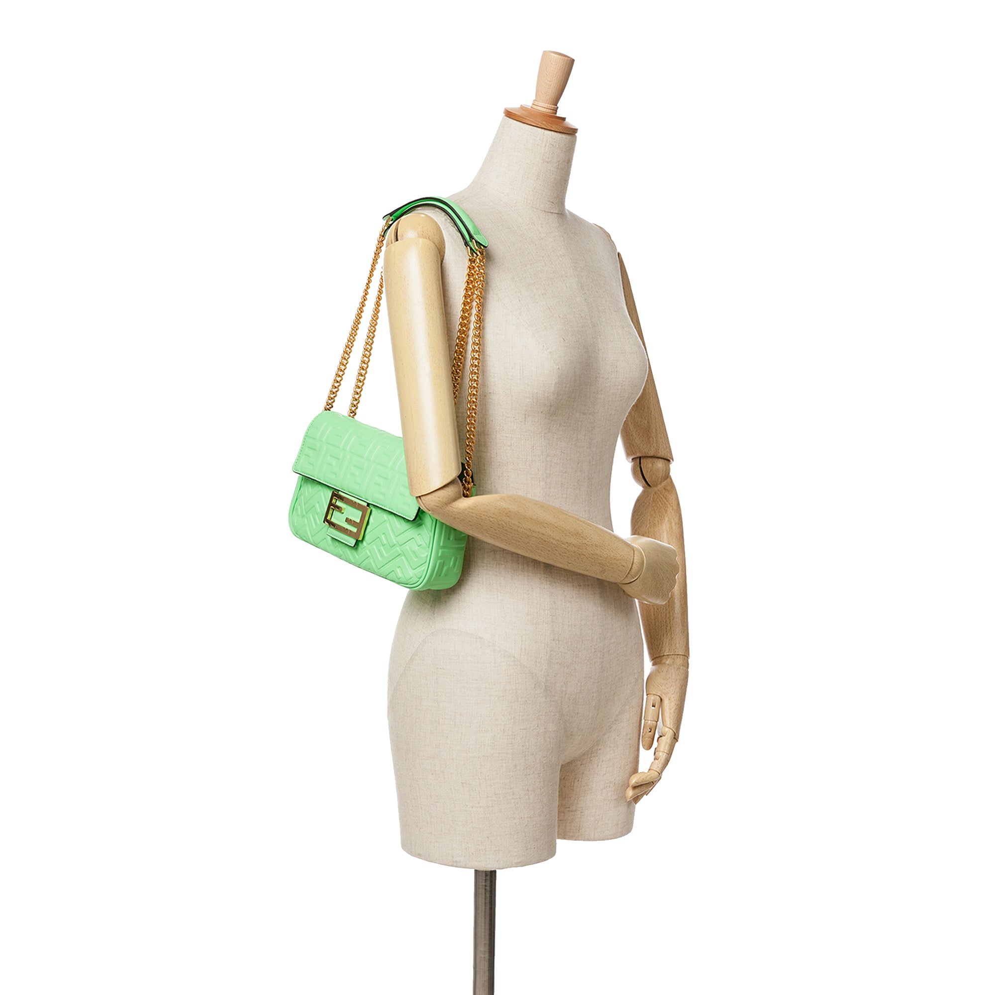 Fendi | Pre-Owned Zucca Embossed Leather Chain Midi Baguette - III | Green/Light Green