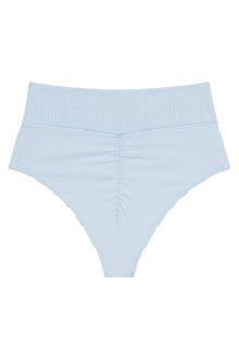 Light blue ribbed high-rise bikini bottom with wide waistband and thong back.