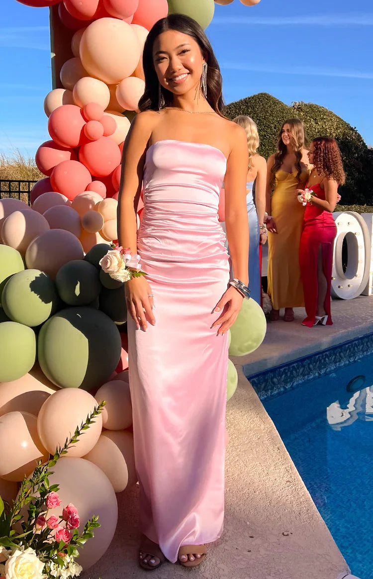 Bloom Satin Strapless Maxi Dress | Pink