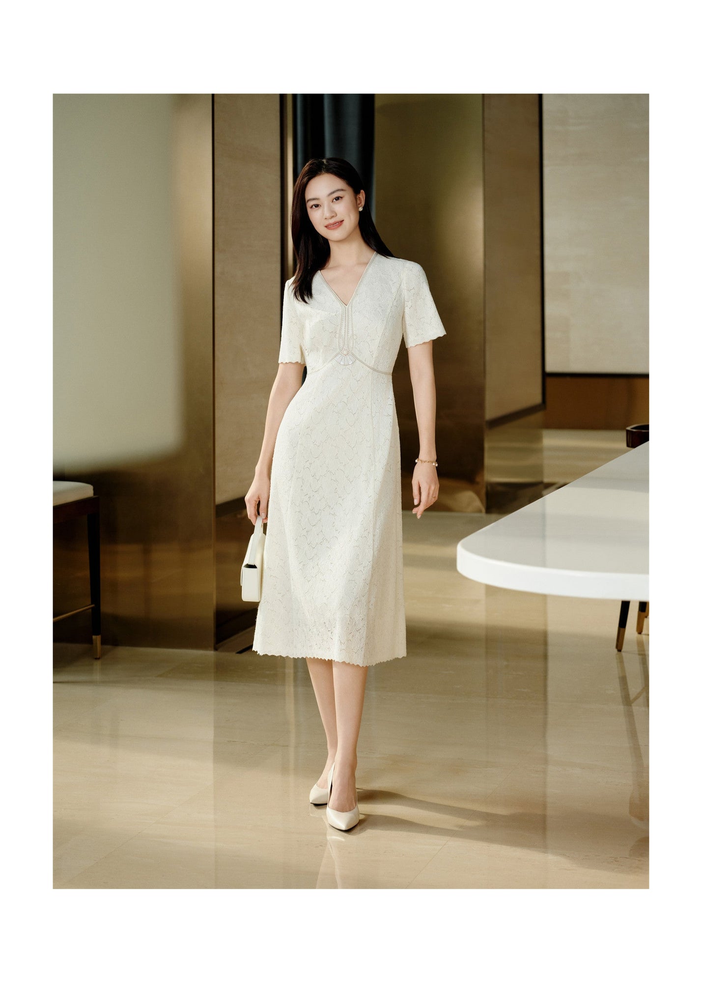 Pleated Lace Dress | Beige