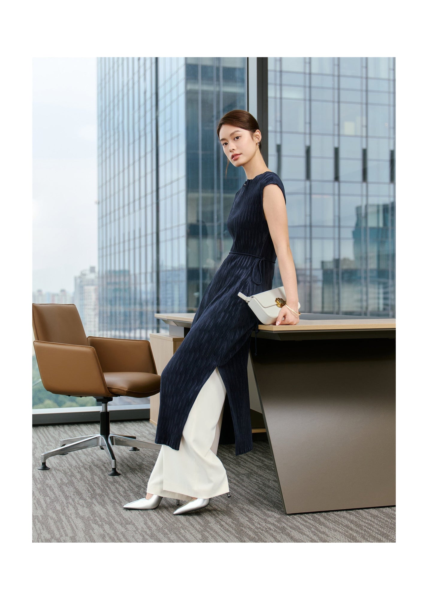Pleated Slimming Dress | Navy