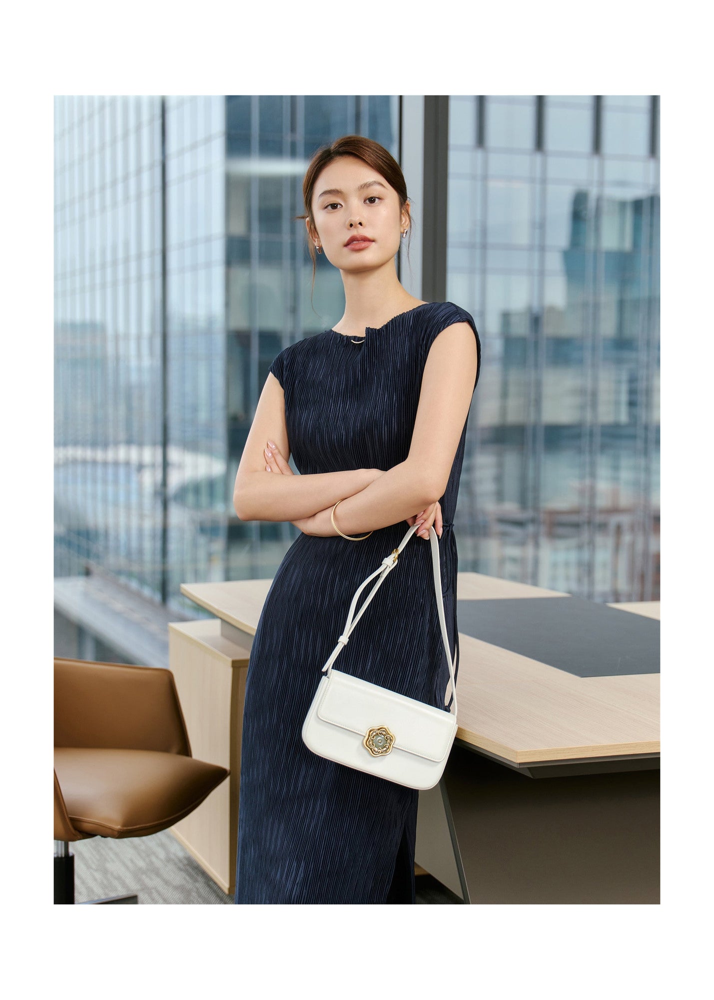 Pleated Slimming Dress | Navy