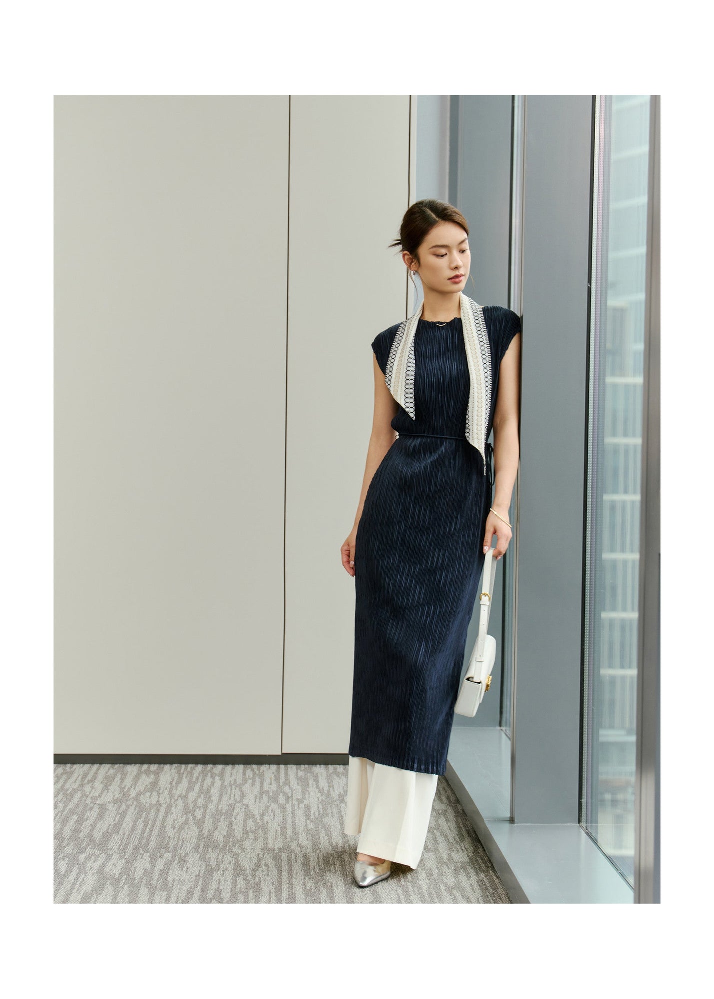 Pleated Slimming Dress | Navy