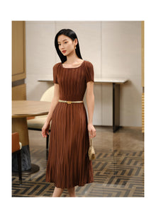Pleated Waist-Cinched Dress | Brown