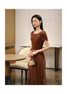 Pleated Waist-Cinched Dress | Brown