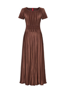 Pleated Waist-Cinched Dress | Brown