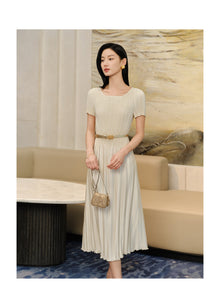 Pleated Waist-Cinched Dress | Golden