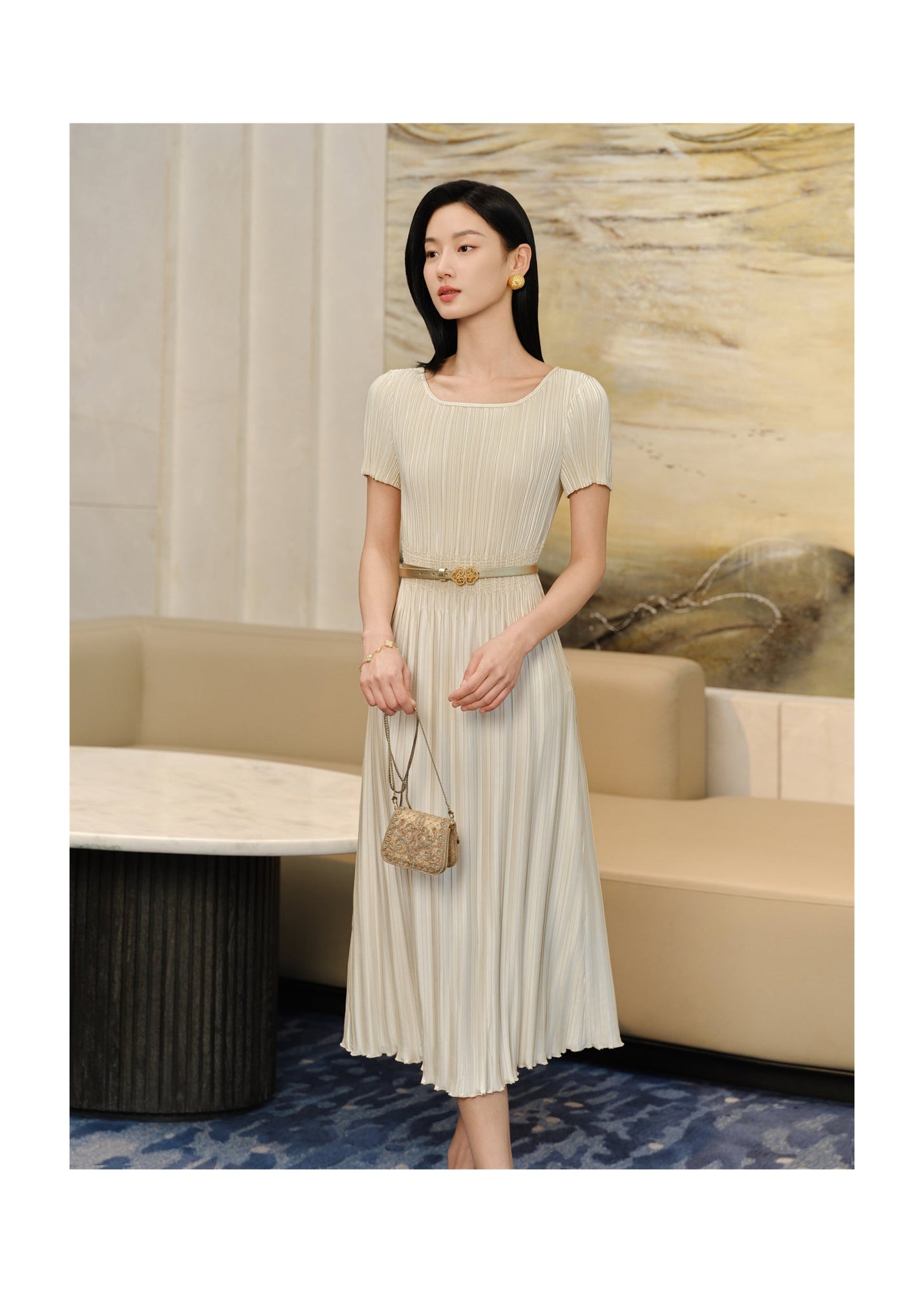Pleated Waist-Cinched Dress | Golden