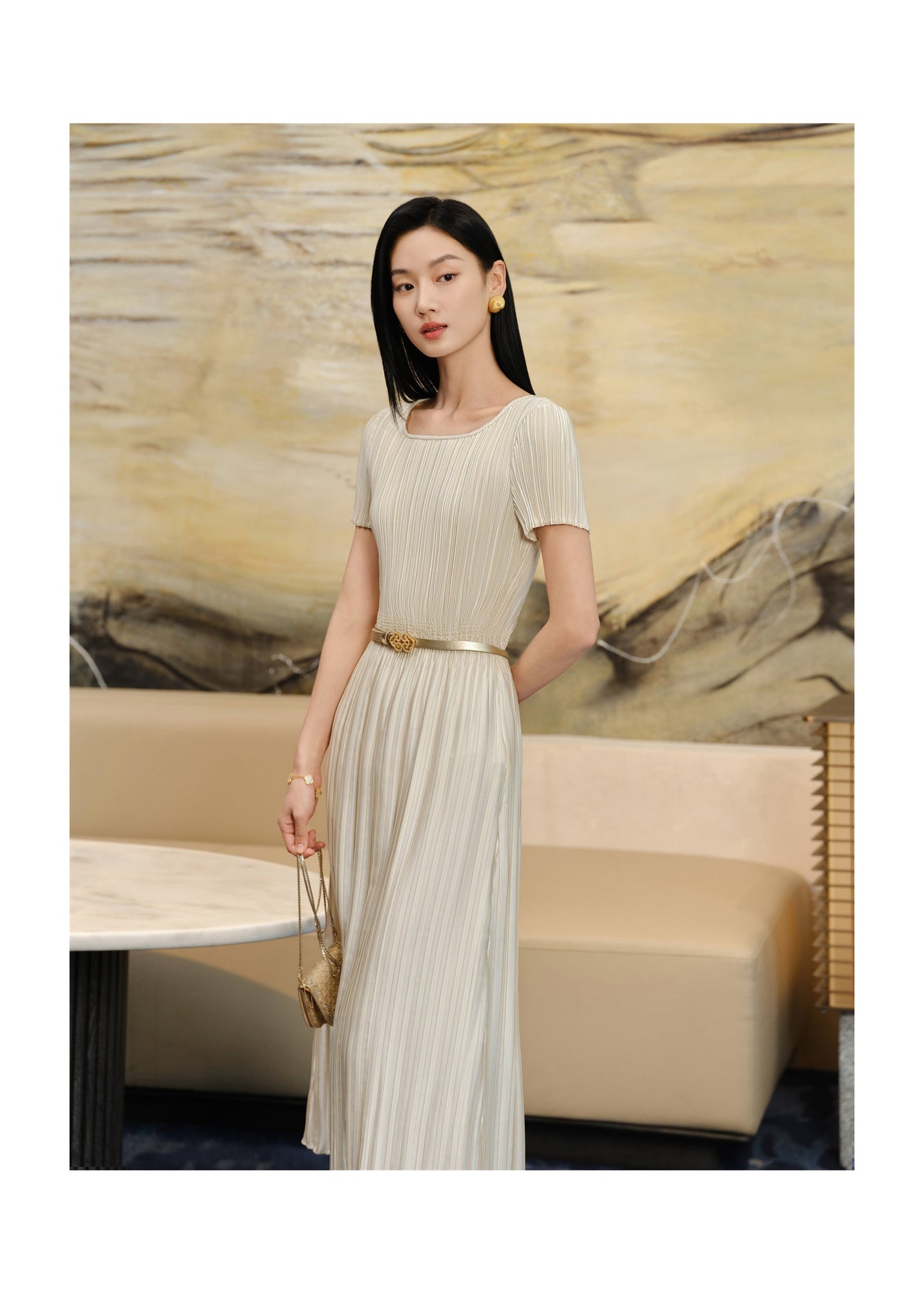 Pleated Waist-Cinched Dress | Golden