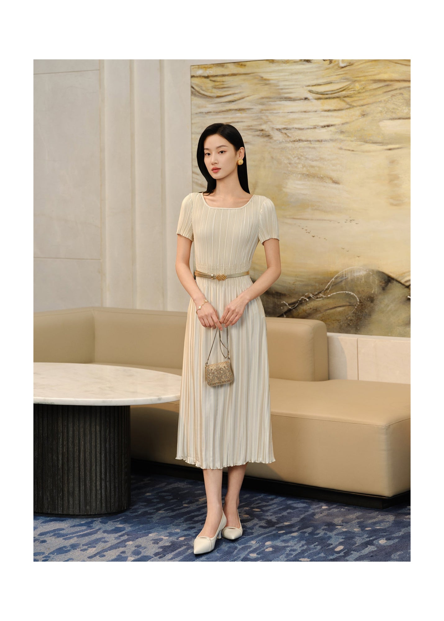 Pleated Waist-Cinched Dress | Golden