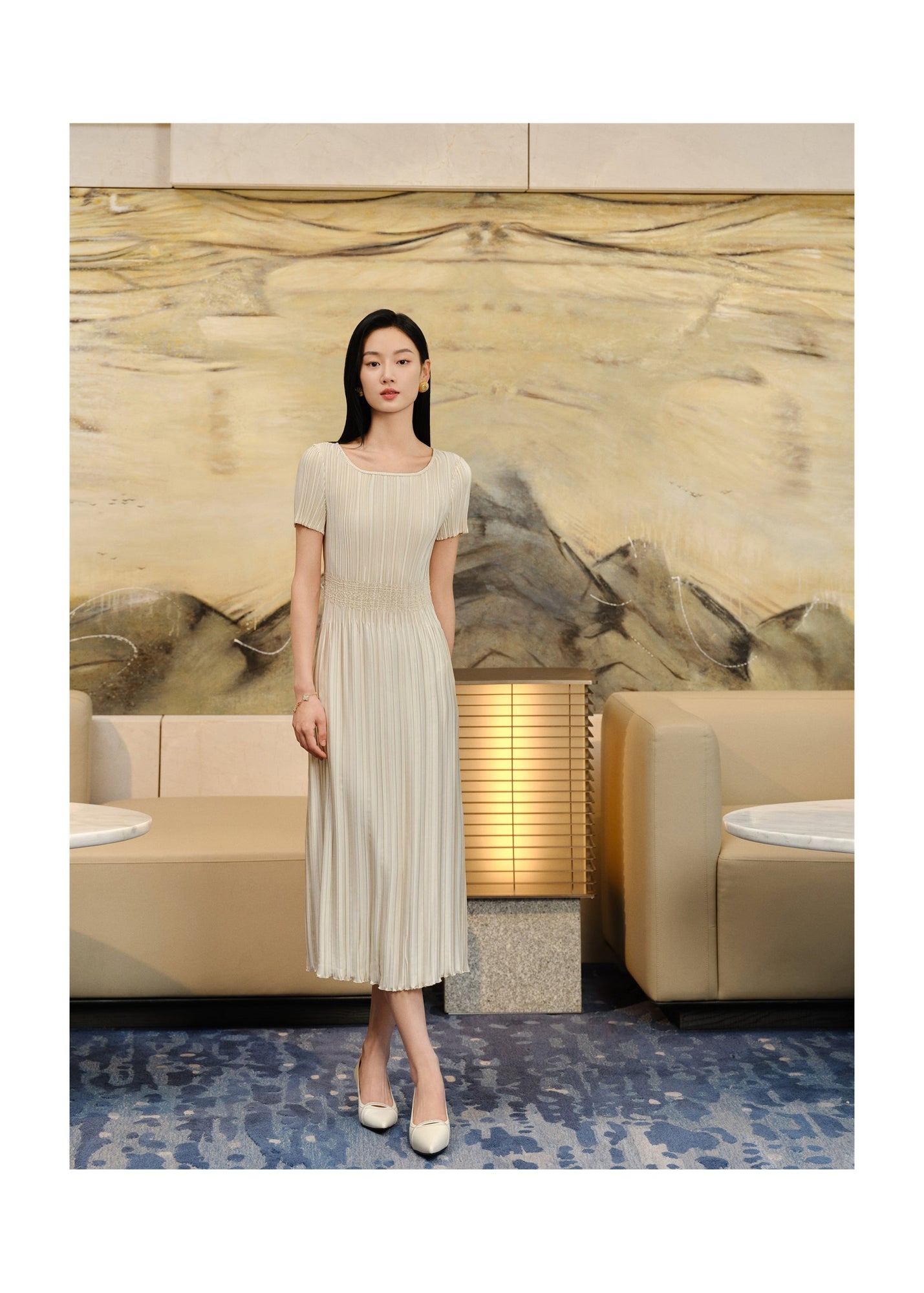 Pleated Waist-Cinched Dress | Golden